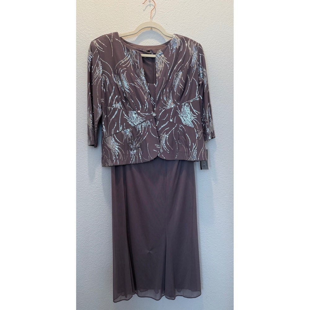 Alex Evenings 2 PC Dress Jacket 12P Pewter Frost Firework Sequin Chiffon NWT